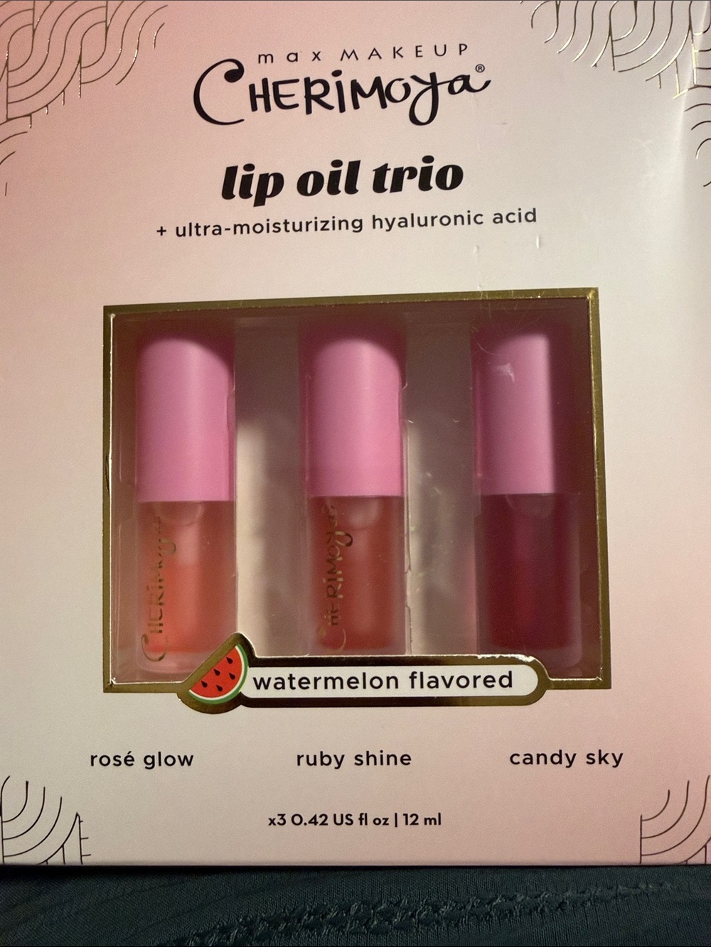 Max Makeup Cherimoya Lip Oil Trio Pink Shades (Rosé Glow, Ruby Shine, Candy Sky)